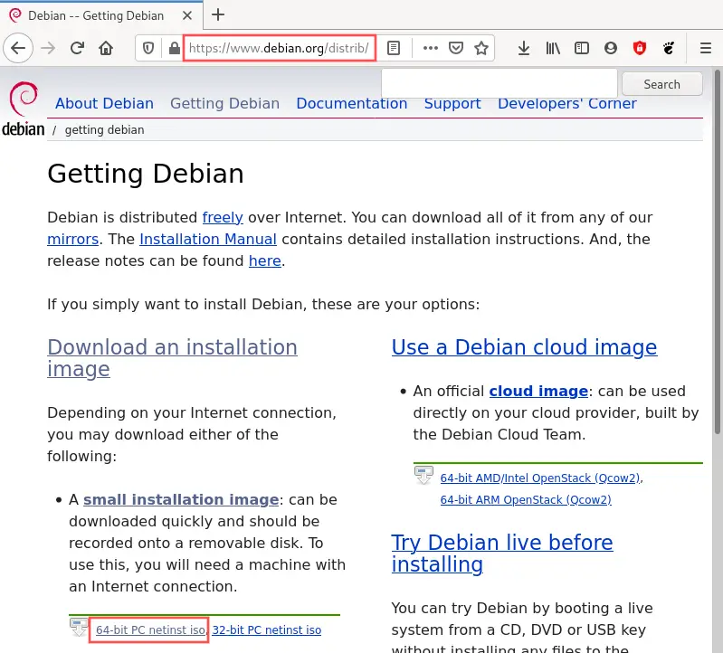 Browser screenshot that shows how to download the small network installation ISO from the Debian website.