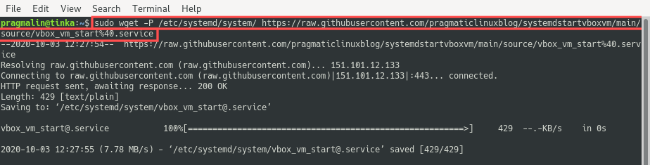 Terminal screenshot that shows the output of the wget command. It was issued to download the Systemd template unit to start the VirtualBox VM on PC boot. Note that the file is directly stored in directory /etc/systemd/system/.