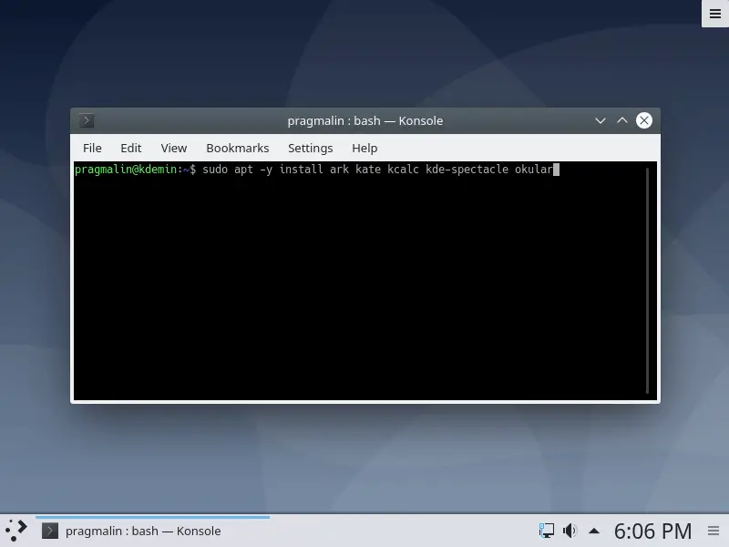 Screenshot of installing individual KDE specific desktop applications with apt from the terminal.