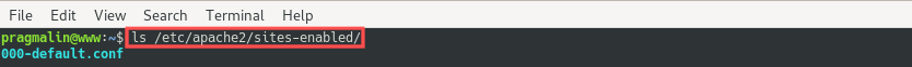 Terminal screenshot that shows the contents of the /etc/apache2/sites-enabled directory. This directory lists the Apache virtual host configuration files of all currently enabled websites.