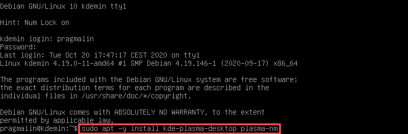 Screenshot of how to manually install the minimal version of KDE in Debian. All that is really needed are the packages kde-plasma-desktop and plasma-nm.