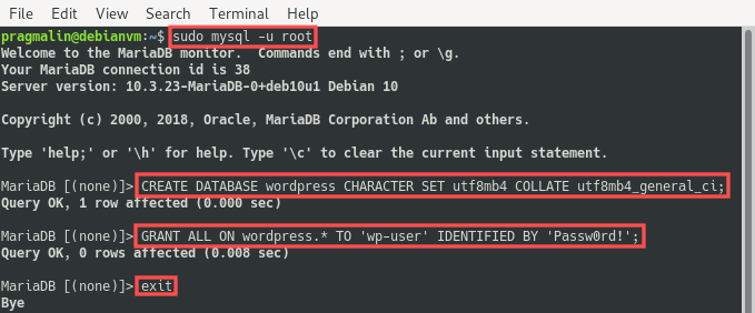 Terminal screenshot that highlights how you can create a MySQL database and user.