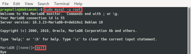 Terminal screenshot that shows how to login to MySQL. Thank to the unix_socket authentication method, all users that have sudo access can now login to MySQL as the root user, without having to specify a password.