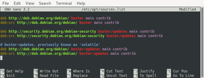 Screenshot of editing /etc/apt/sources.list with nano. It shows the correctly configured package repositories with both main and contrib enabled.