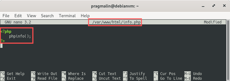 Terminal screenshot of creating a PHP info test page with nano. All it really does is cal the phpinfo() function. A great way to test if the PHP part of the LAMP stack was successfully installed on the Debian 10 server.