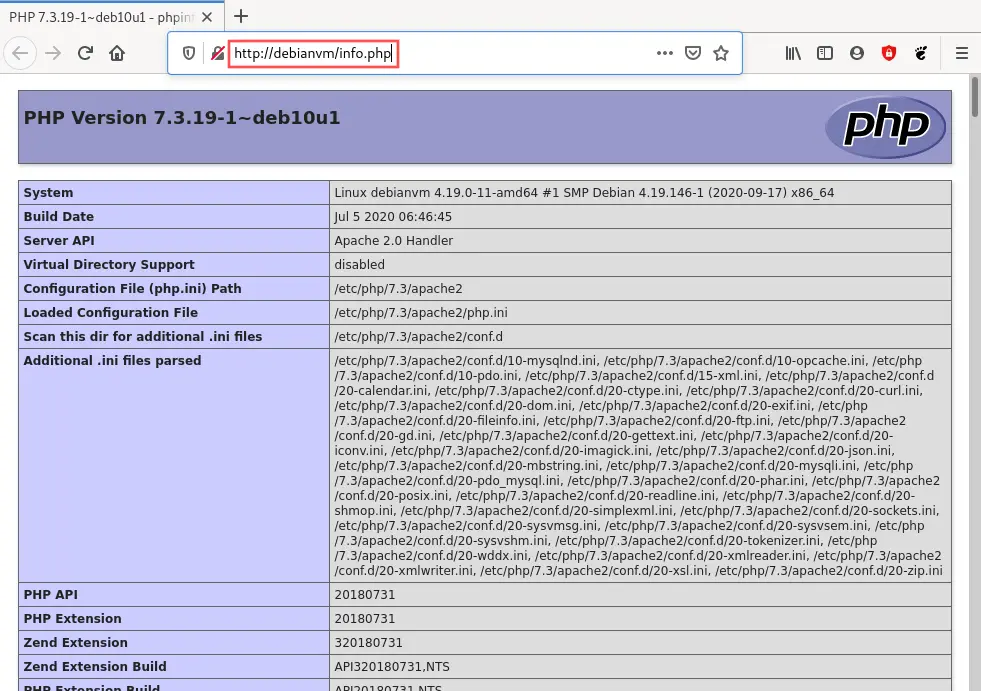 Web browser screenshot that shows the output of accessing the PHP info page. So it basically shows the output of the phpinfo() function call. This proves the successful completion of the second LAMP stack component install on the Debian 10 server.