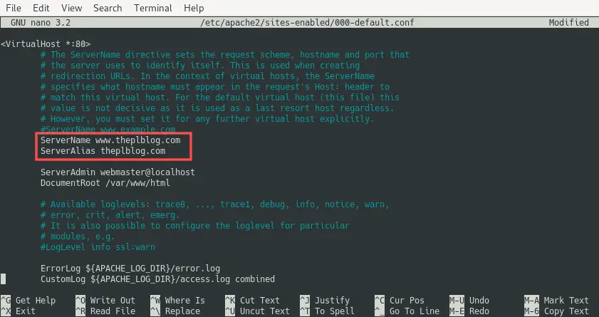 Screenshot of editing the 000-default.conf Apache virtual host configuration file. It highlights how the ServerName and (optional) ServerAlias directives were added. This is needed by the Certbot tools.