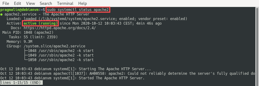 Output of the systemctl status apache2 command to verify that the Apache HTTP server is up and running. With the HTTP server running, we completed the first step about how to install a LAMP stack on Debian 10.