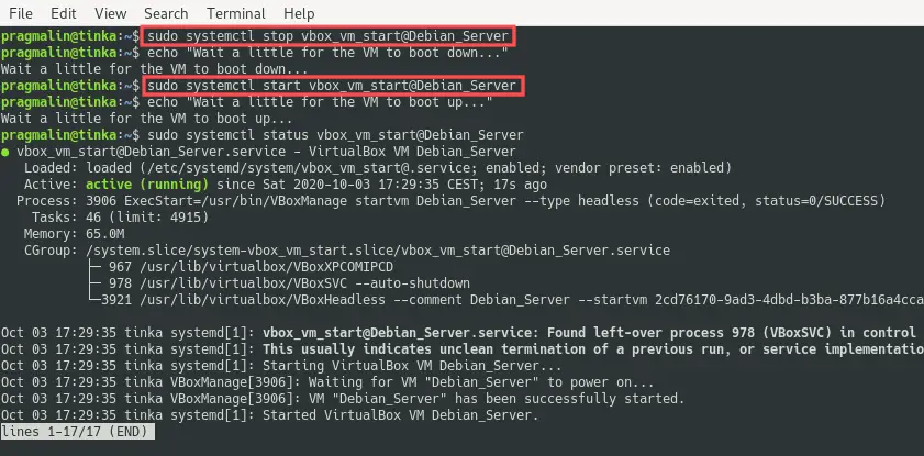 Terminal screenshot where the systemctl command is used for rebooting a VirtualBox VM that was started by Systemd on PC boot.