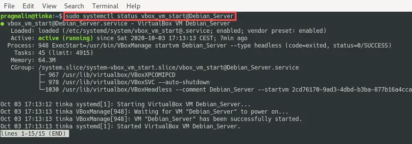 Output of the systemctl status command to verify that Systemd started the VirtualBox VM on PC boot.