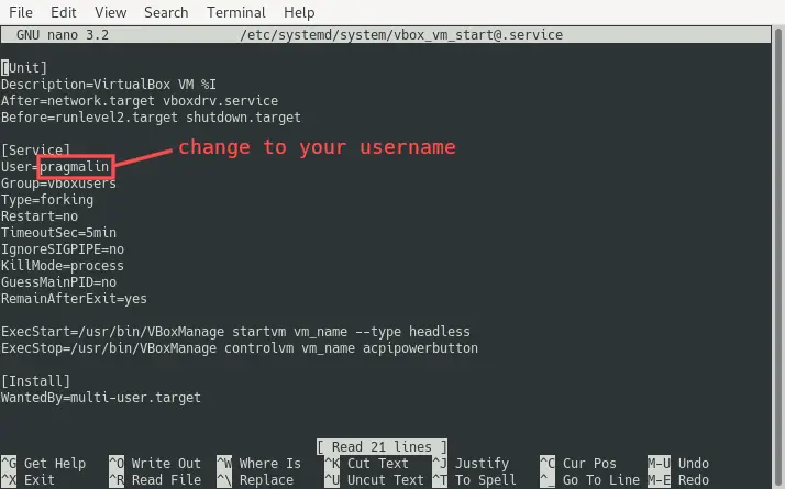 Screenshot of editing the Systemd template unit with nano, to change the User setting.