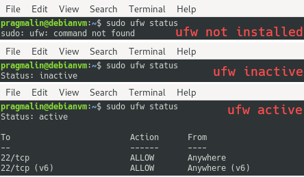 Output of the ufw status command that helps you determine if you have the uncomplicated firewall installed, inactive or active.