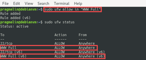 Output of the ufw status command that shows what it looks like after opening the firewall to allow incoming connections on ports 80 and 443. These two ports are referred to as WWW Full. This firewall configuration is a prerequisite for the install of the LAMP stack on the Debian 10 server.