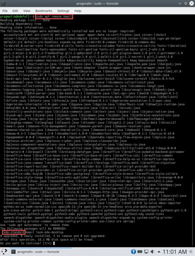 Screenshot that shows what happens if you attempt to uninstall one of the KDE specific desktop applications such as Kmail. In you installed KDE Plasma the usual way, the APT package manager will unfortunately uninstall the entire KDE Plasma. The solution to this is to install just a minimal version of KDE in Debian. The remainder of this article explains how this is done.