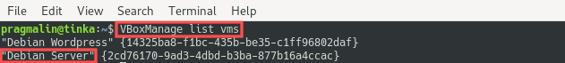 Terminal screenshot showing the output of the VBoxManage command output for listing all the known VMs.