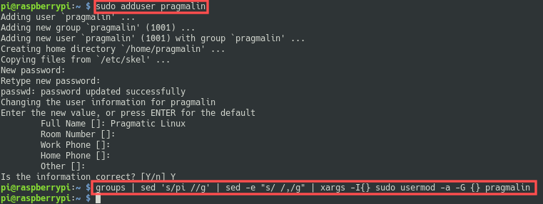 Terminal screenshot that shows how to add a new user account on your Raspberry PI and add it to the same groups as the default pi user.