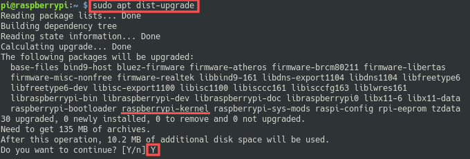 Terminal screenshot of runningthe sudo apt dist-upgrade command. This command is used for upgrading the installed system packages. After performing a minimal install of the Raspberry PI operating system, this is a recommended step for applying the latest security fixes to the installed system packages.