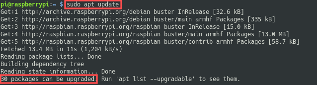 Terminal screenshot that shows the output after running the sudo apt update command. This command updates the latest info of the package repositories to check if upgraded are available for installed packages. After a minimal install of the Raspberry PI operating system it is recommended to upgrade the system packages.