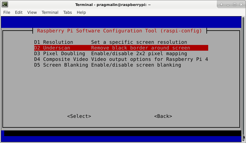 Raspi-config screenshot of selecting the "Underscan" menu item.