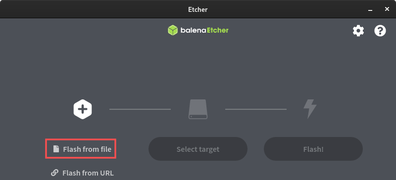 Screenshot of Balena Etcher, highlighting the Flash from file button.