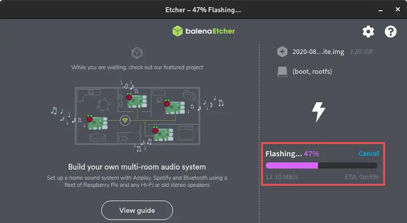 Balena Etcher screenshot that shows the progress of writing the Raspberry PI lite operating system to the micro-SD card.