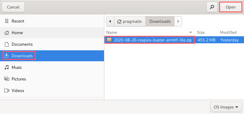 File selection dialog screenshot that highlights the selection of the Lite edition of the Raspberry PI operating system, which serves as the foundation for this minimal install.