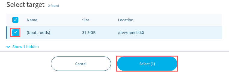 Balena Etcher screenshot highlighting how to select the micro-SD card as the target.