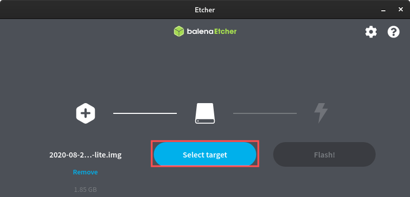 Balena Etcher screenshot highlighting the Select Target button on the main screen.