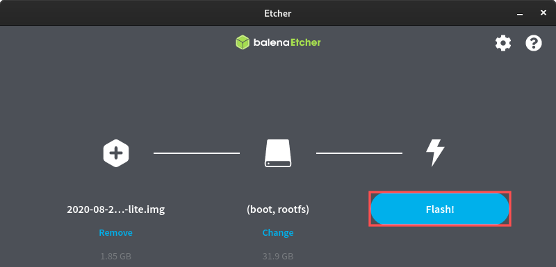 Balena Etcher screenshot highlighting the Flash! button which starts the write operation of the Raspberry PI Lite operating system to the micro-SD card.