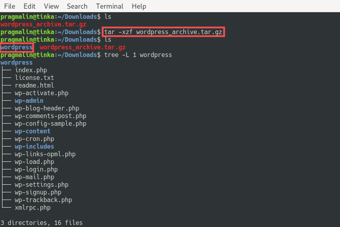 Terminal screenshot showing how to extract an existing TAR GZ archive in Linux with the tar program. The -xzf parameters were used.
