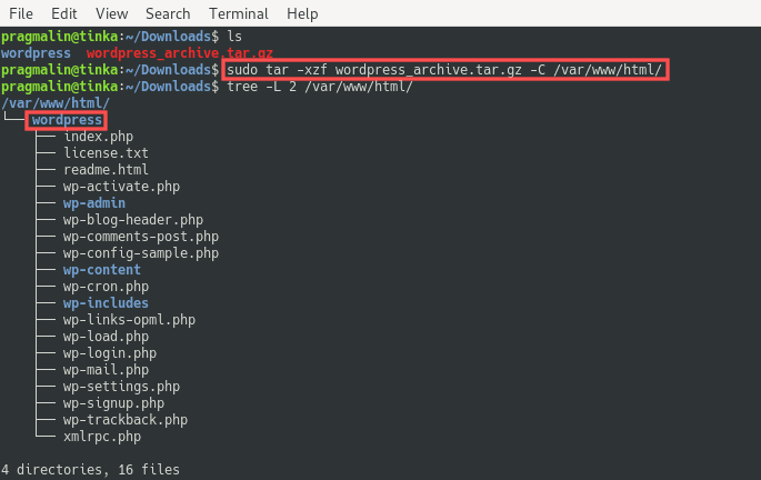Terminal screenshot that shows how to use the -C parameter to extract a tar.gz archive to a specific directory.