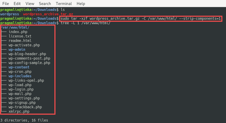 Terminal screenshot that shows how to extract a tarball using the --strip-components=1 parameter to skip the creation of the root directory inside the archive while extracting.