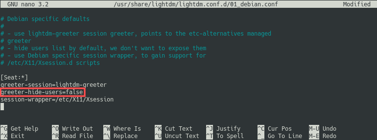 Terminal screenshot of editing the lightdm configuration file with the Nano text editor. It specifically highlights how you can set "greeter-hide-users" to false. This way you do not have to type in your username on the login screen every time.