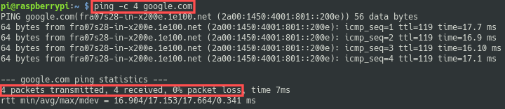 Terminal screenshot of running a ping test to the google.com servers. This can be used for verifying that your Raspberry PI has Internet access.