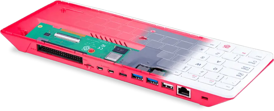 Image of the Raspberry PI 400. It's a Raspberry PI 4 build into a keyboard. Marketed as a complete personal computer, built into a compact keyboard.