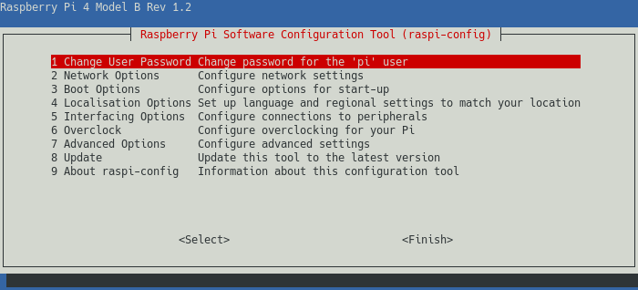 Screenshot of the raspi-config main menu.