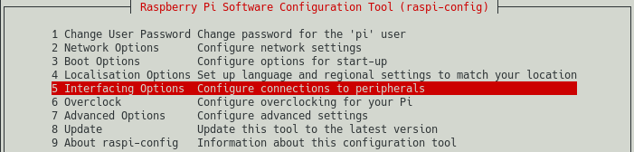 raspi-config screenshot that shows the selection of the Interfacing Options menu entry. This is step 1 in enabling SSH access for your Raspberry PI.