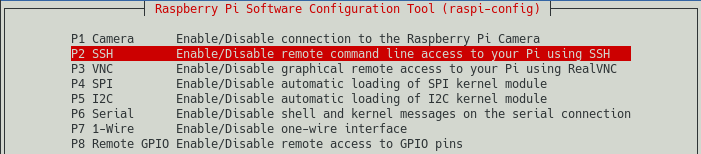 raspi-config screenshot that shows the selection of the SSH menu entry. This is step 2 in enabling SSH access for your Raspberry PI.