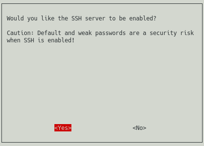 raspi-config screenshot that shows how to highlight the Yes menu entry for enabling the SSH server. This is step 3 in enabling SSH access to your Raspberry Pi.