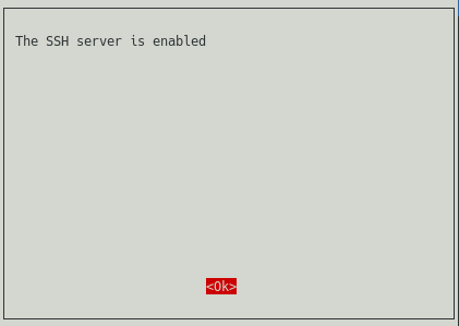 Screenshot of the raspi-config tool where you simply hit enter to confirm the enabling of the SSH server. This is the last step in enabling SSH access to your Raspberry PI.