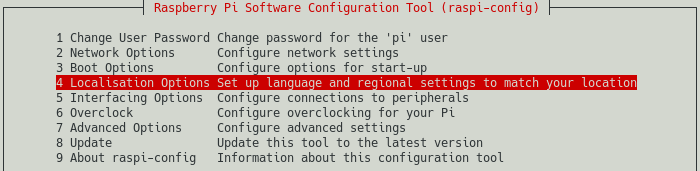 raspi-config screenshot that shows the selection of the Localisation Options, which is step 1 for configuring the time zone.