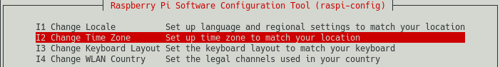 raspi-config screenshot showing the selection of the Change Time Zone menu entry. This is step 2 in configuring the time zone on the Raspberry PI.