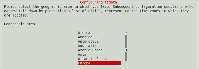 raspi-config screenshot of selecting the geographic area for the time zone configuration. This is step 3.