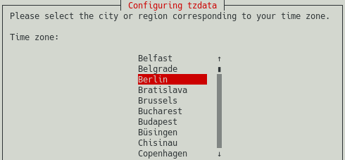 raspi-config screenshot showing you how to select the city or region corresponding to your time zone. This is the last step in configuring the time zone for your Raspberry PI.