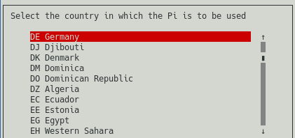 raspi-config screenshot where you select the country where the Raspberry PI is used. This is step 3 in configuring Wi-Fi access.