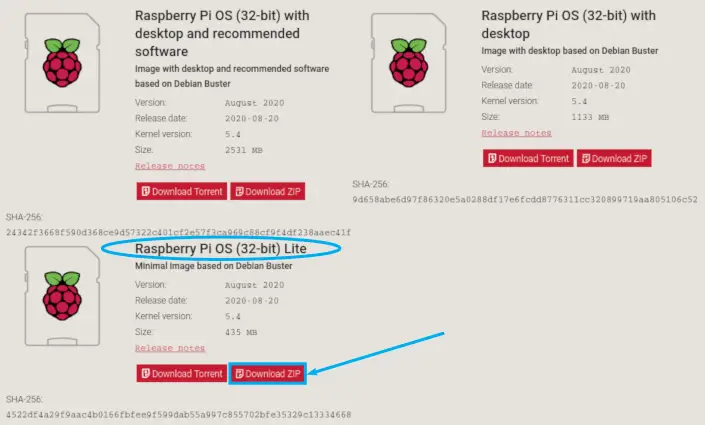 Web browser screenshot of the download page of the Raspberry PI website. It highlights which button to click to download the lite version of the Raspberry PI operating system, which will be the foundation of the minimal install.