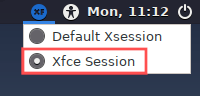 Screenshot of the lightdm session manager that shows how to select Xfce Session on the login screen.