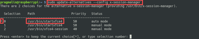 Terminal screenshot that shows how to select the session manager, with the help of the update-alternatives command. Make sure to select startxfce4 here and not xfce4-session.