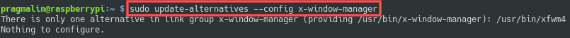 Terminal screenshot that shows the update-alternatives command for selecting the xfwm4 window manager.