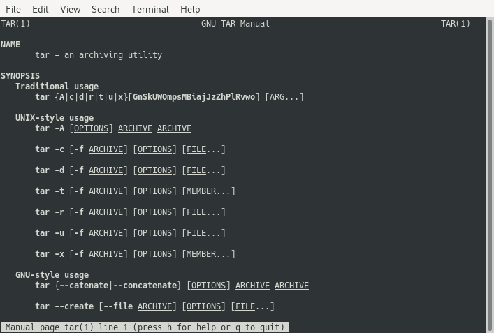 Terminal screenshot that shows the tar MAN page. Accessible after running command man tar.